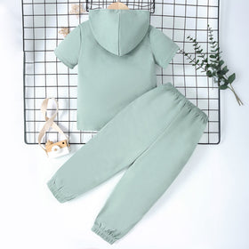 Boys Green Typography Print Short Sleeve Hooded T-Shirt With Pants Set 2 pc. Sets