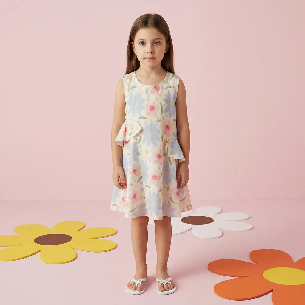 Girls Light Blue Floral Print Sleeveless Fit & Flare Dress Casual Dresses Light Blue 3-4 Y