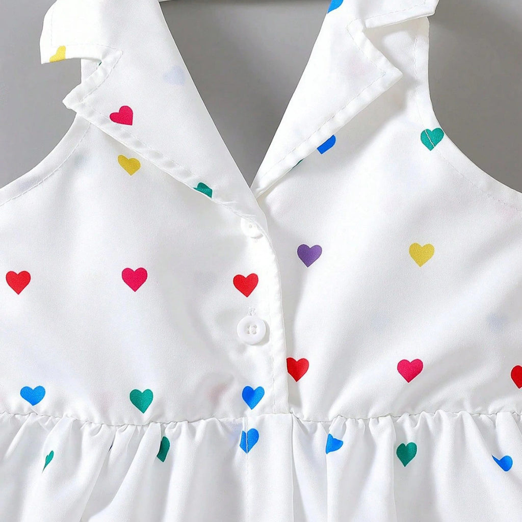 Girls White Heart Printed Sleeveless A-Line Dress Casual Dresses