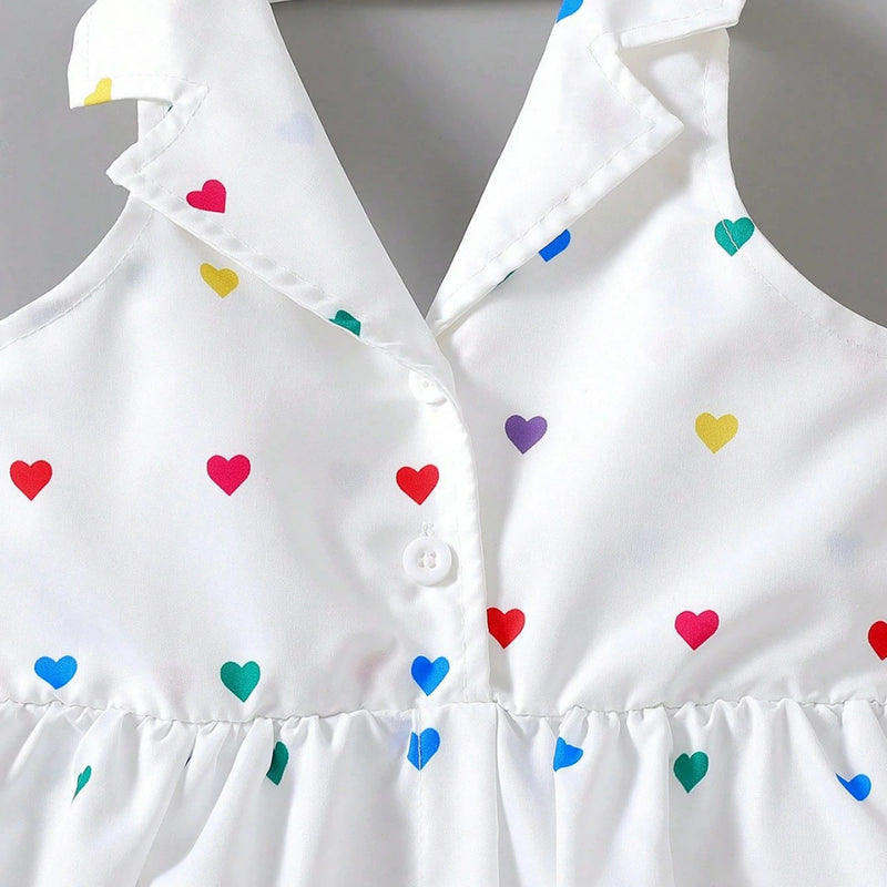 Girls White Heart Printed Sleeveless A-Line Dress Casual Dresses