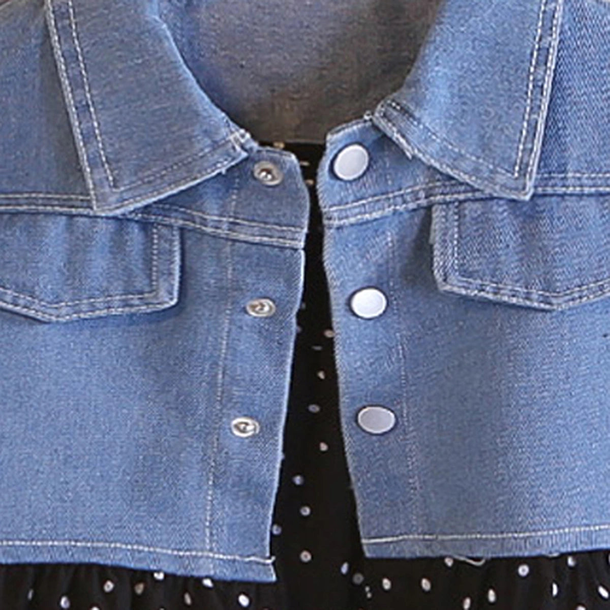 Girls Black Polka Dot Print A-line Dress With Sleeveless Denim Vest Casual Dresses