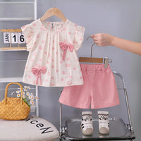 Girls Pink Floral Print Bow Applique Top With Shorts Set Sets Pink 1-2 Y