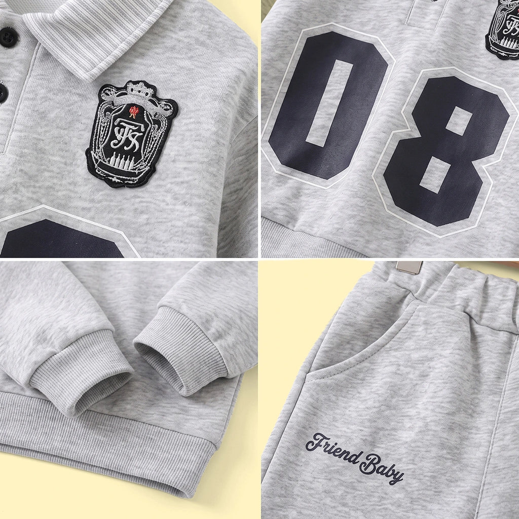 Boys Light Grey Alphanumeric Print Polo Sweatshirt & Joggers Sets 2 pc. Sets