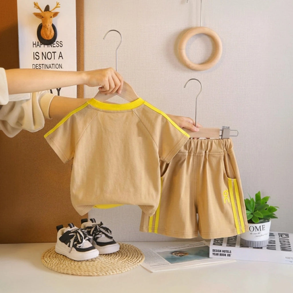 Boys Khaki Printed Short Sleeve T-Shirt With Elasticated Shorts Sets Sets