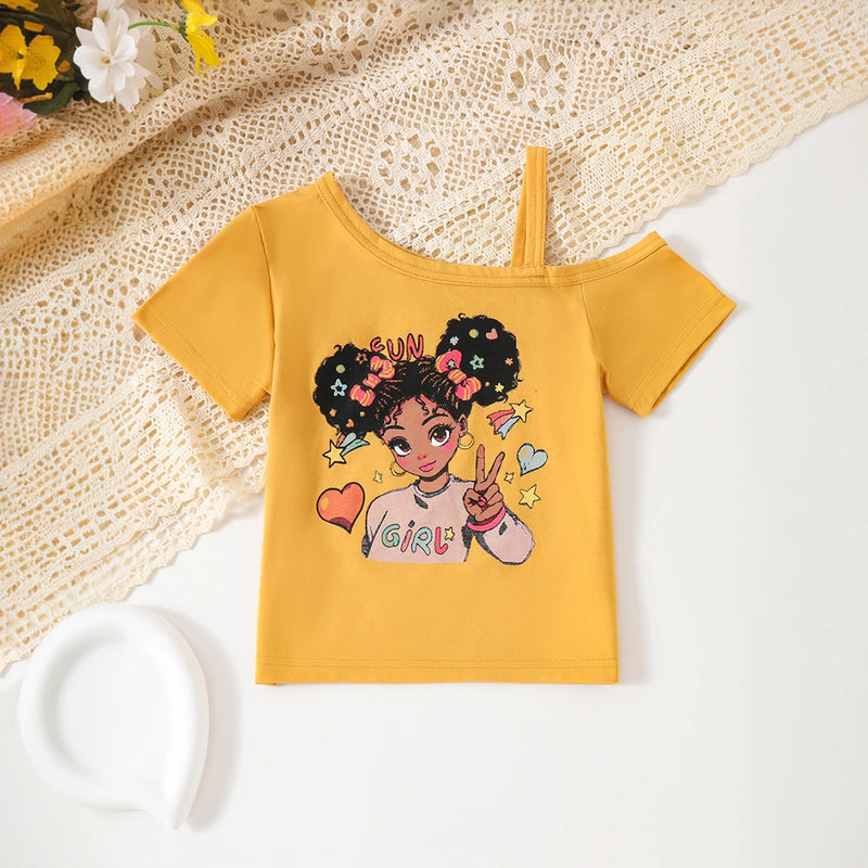 Girls Yellow Graphics Top With Distressed Denim Pants Set Sets