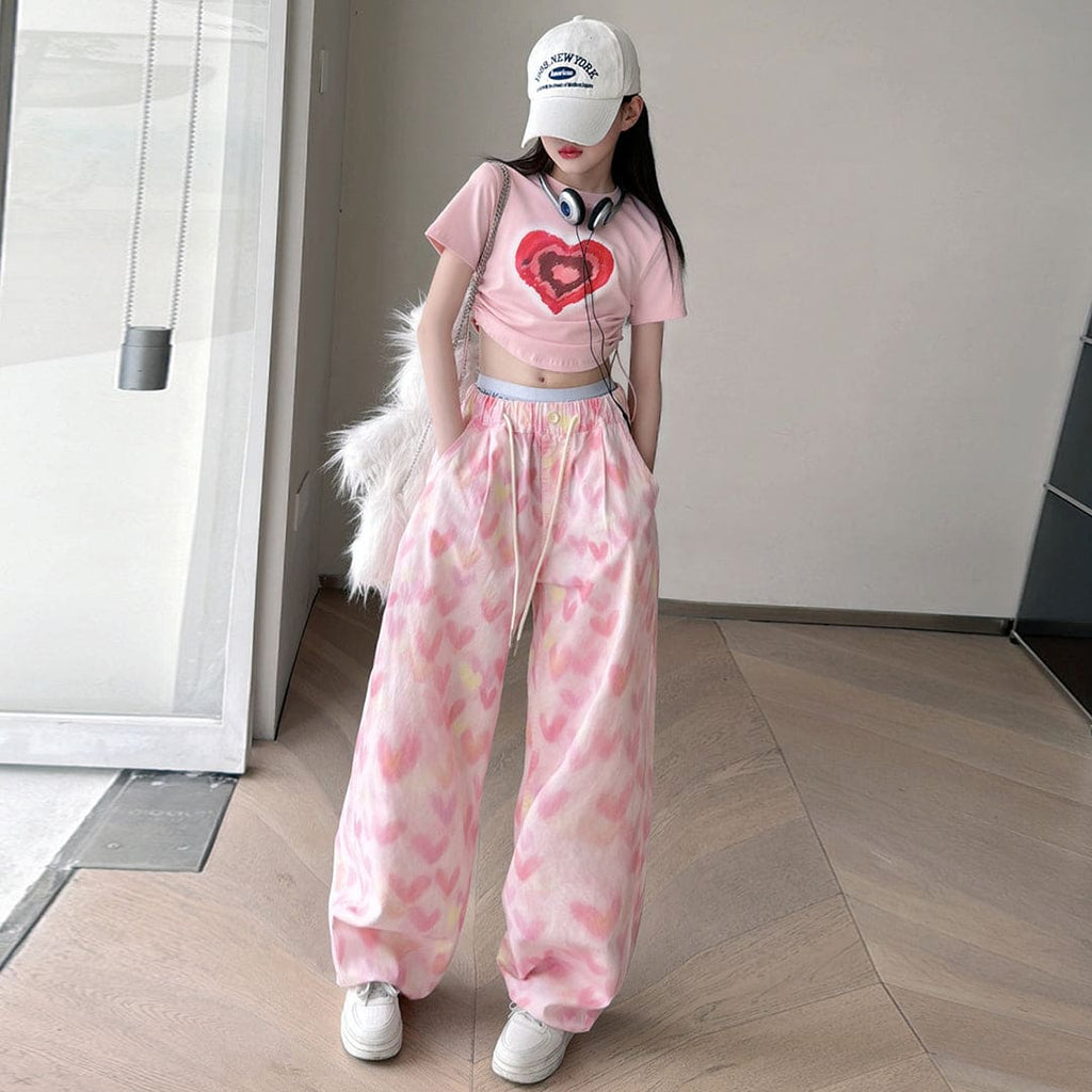 Girls Heart Print Top With Printed Trousers Set