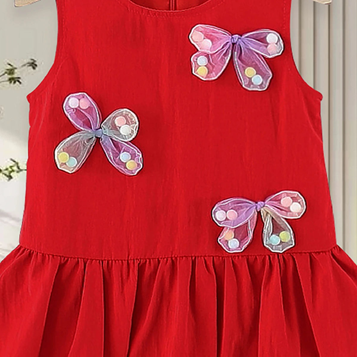 Girls Red Butterfly Applique Balloon Dress Casual Dresses