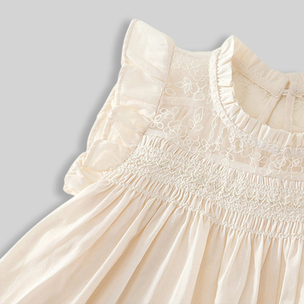 Girls Off-White Embroidered Smocked Sleeveless Fit & Flare Dress Casual Dresses