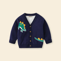 Boys Navy Blue Self-Design Dinosaur Pattern Button Down Cardigan Sweaters & Cardigans