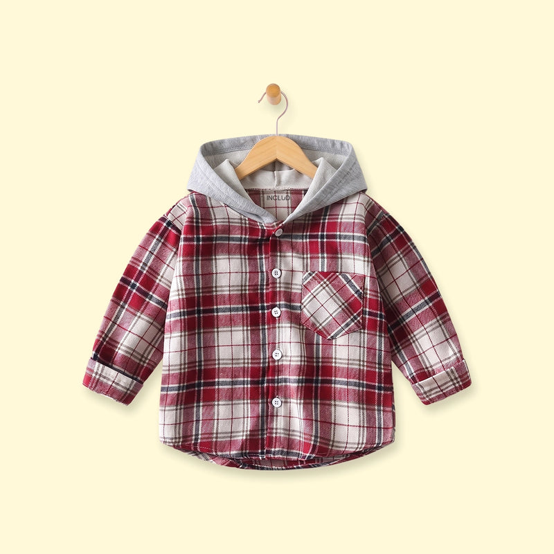 Boys Red Checked Long Sleeve Hooded Shirt Shirts Red 1-2 Y