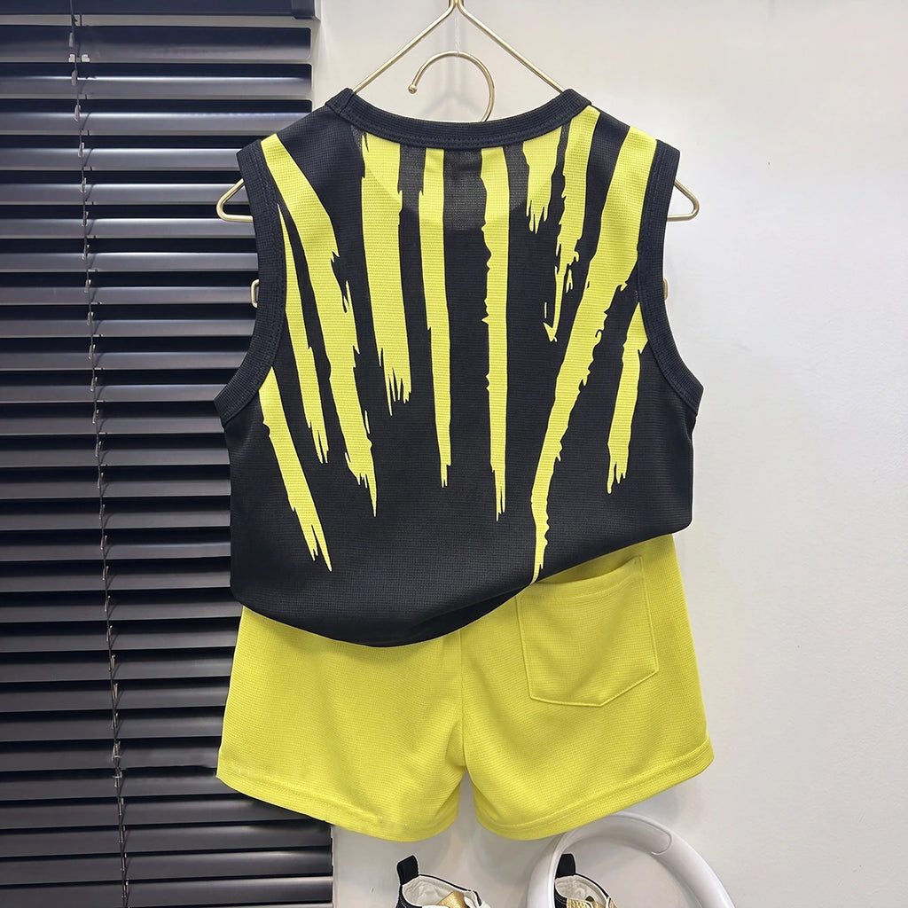 Boys Black Abstract Printed Sleeveless T-Shirt With Shorts Sets 2 pc. Sets