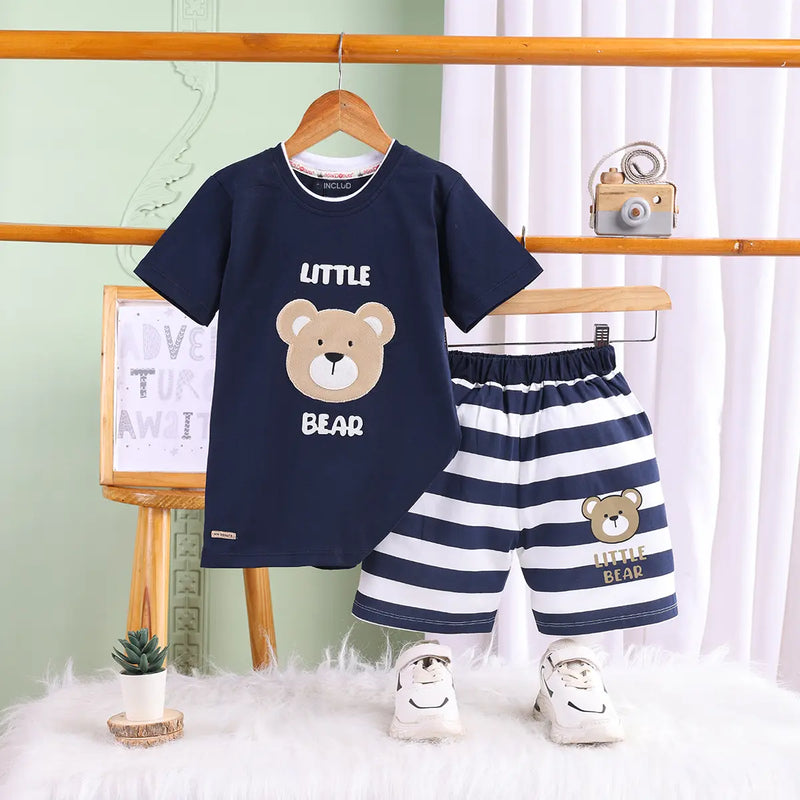 Boys Navy Blue Bear Graphic T-Shirt With Shorts Sets Sets Navy Blue 1-2 Y