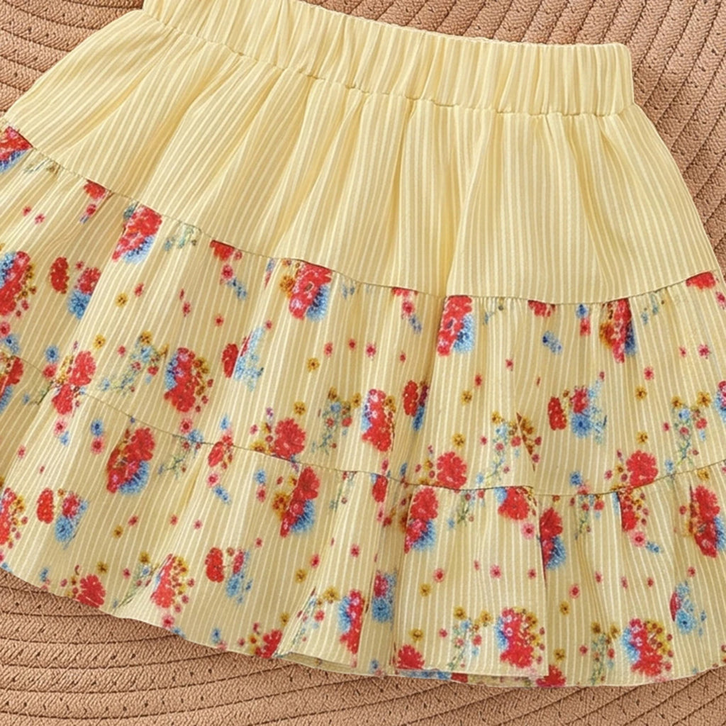 Girls Yellow Striped Sleeveless Top With Skirt Sets 2 pc. Sets