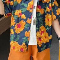 Boys Orange Floral Print Shirt With Shorts Sets Sets