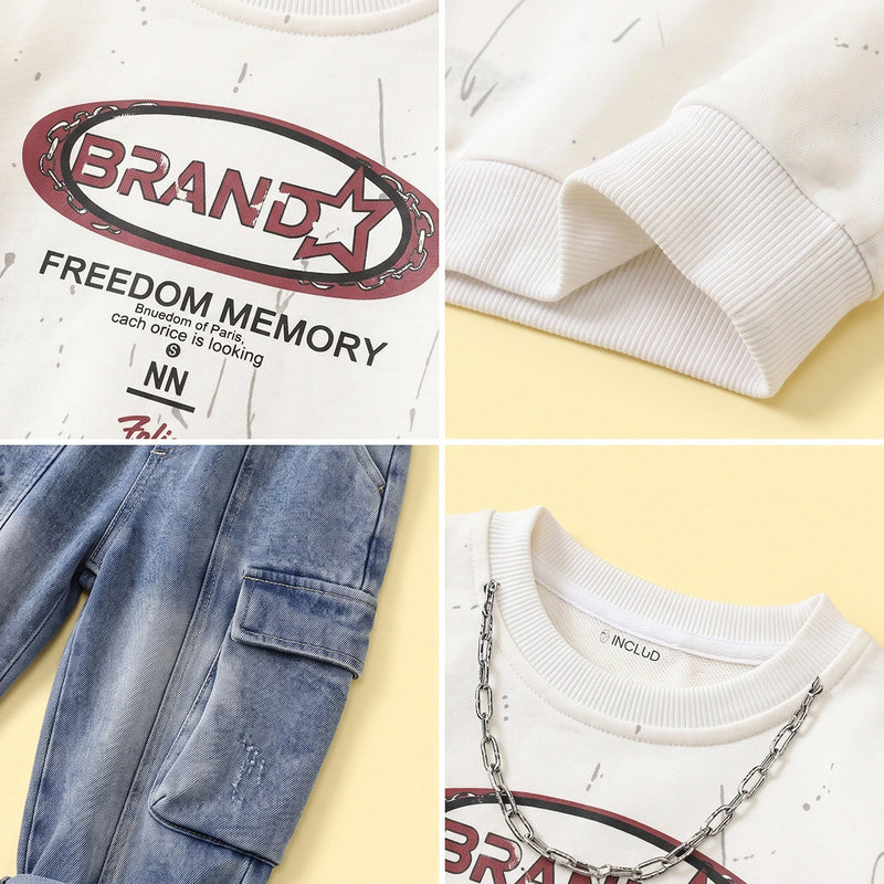 Boys Off White Typographic Sweatshirt & Denim Cargo Pants Sets Sets