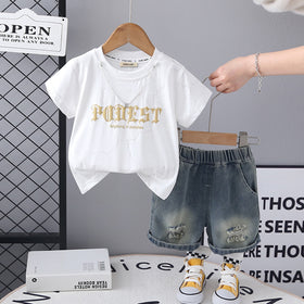 Boys White Short Sleeve Printed T-Shirt With Neck Chain And Denim Shorts Set 3 pc. Sets White 1-2 Y