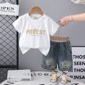 Boys White Short Sleeve Printed T-Shirt With Neck Chain And Denim Shorts Set 3 pc. Sets White 1-2 Y