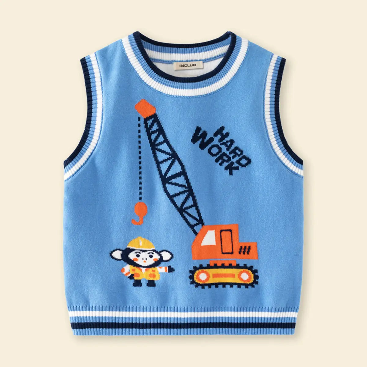 Boys Light Blue Sweater Vest With Self-Design Crane Pattern Sweaters & Cardigans