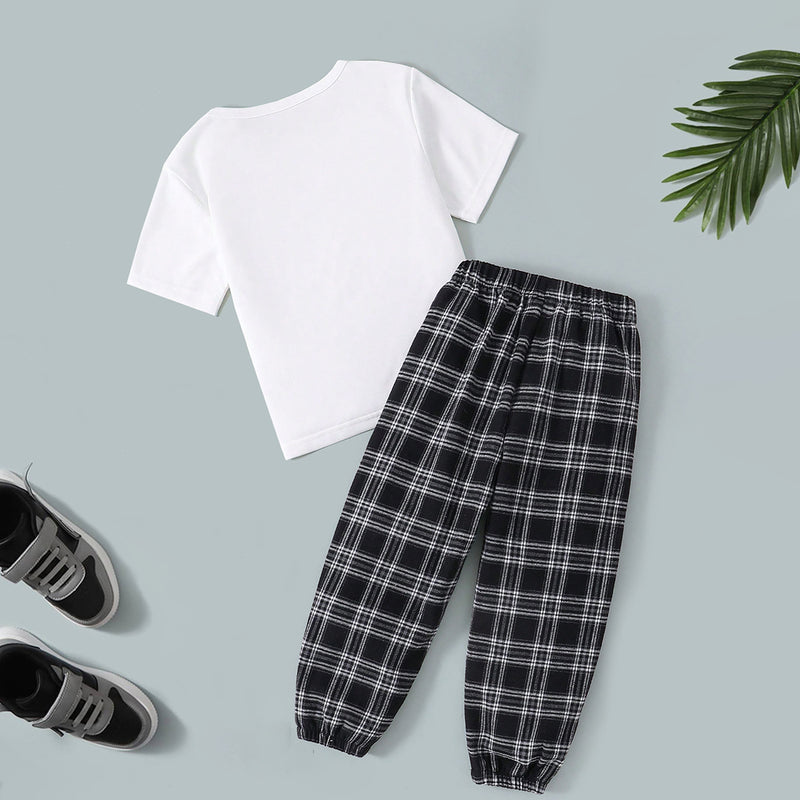 Boys White Dinosaur Printed T-Shirt With Checked Pants Set 2 pc. Sets
