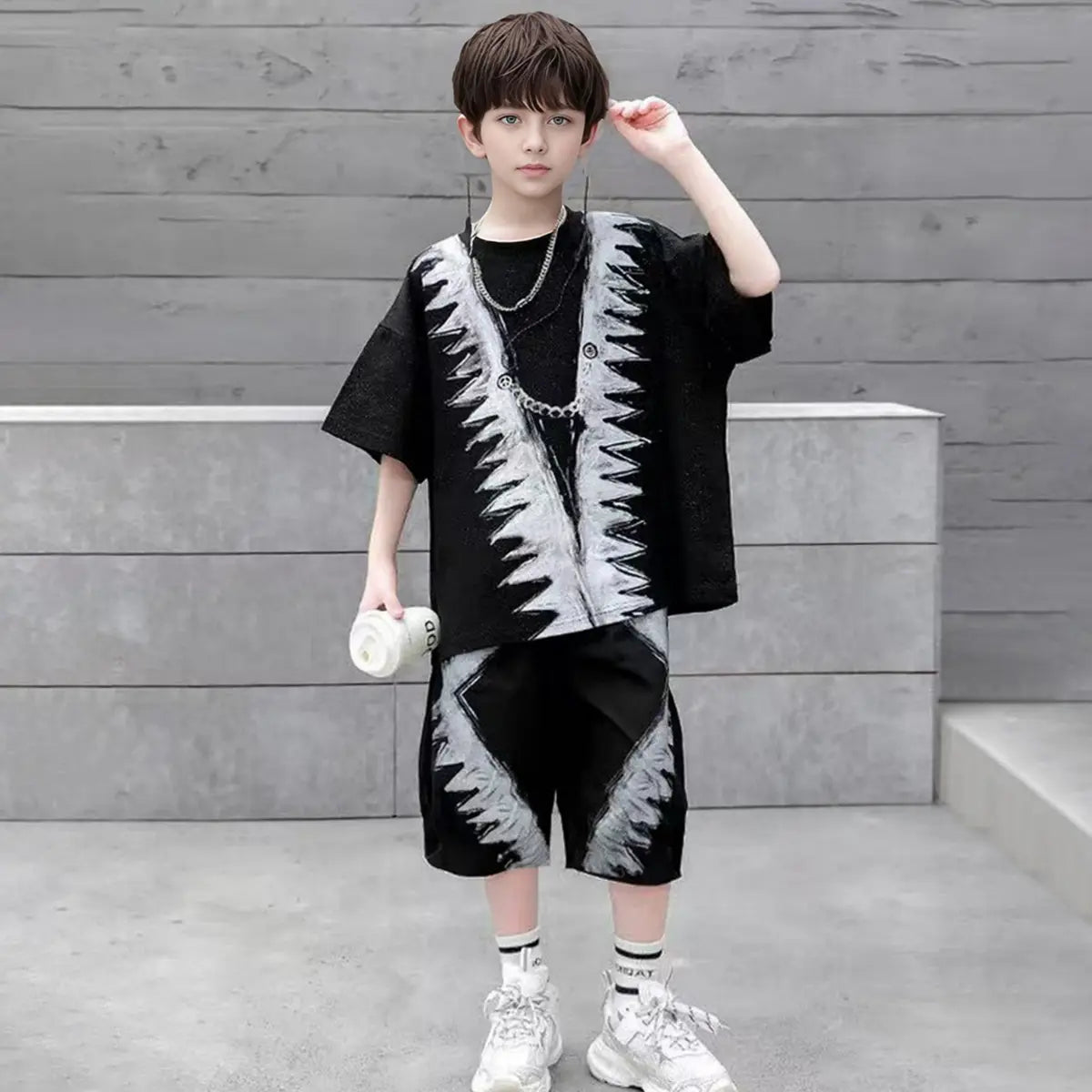 Boys Black Abstract Printed Oversized T-Shirt With Shorts Co-ord Sets Sets Black 5-6 Y