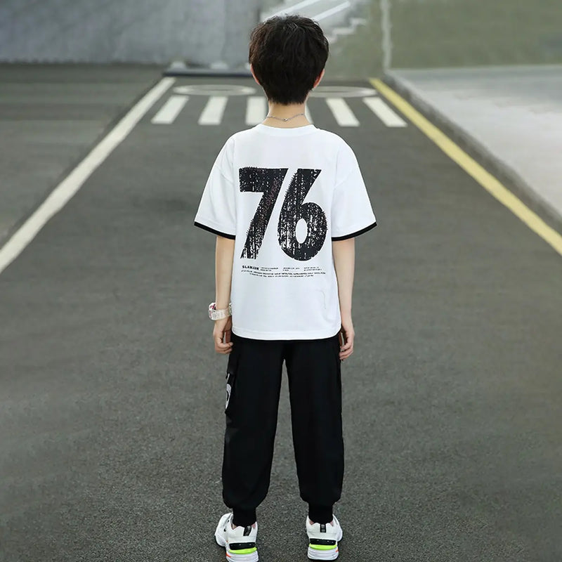 Boys White Alphanumeric Printed T-Shirt With Joggers Set Sets