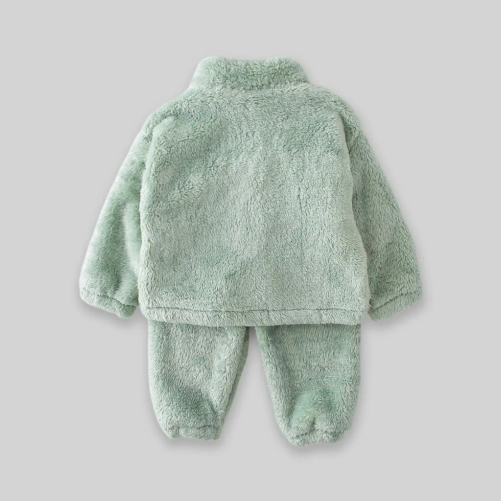 Boys Light Green Fleece Button-down Jacket With Jogger Co-ord Sets Sets