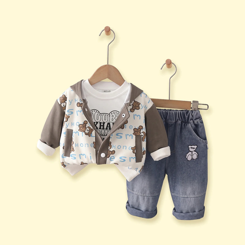 Boys Brown Typographic Hooded Jacket & T-Shirt With Denim Pants Sets Sets Brown 1-2 Y