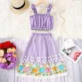 Girls Purple Sleeveless Crop Top With Embroidered Skirt Set