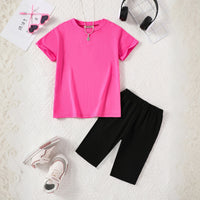 Girls Fuchsia Short Sleeves Tee with Shorts Set Sets Fuchsia 3-4 Y