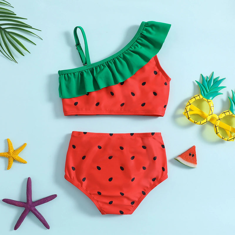 Girls Red Watermelon Printed Top With Briefs Two-Piece Swimwear Sets Sets