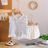 Girls Light Blue Checked Sleeveless Top With Shorts Sets