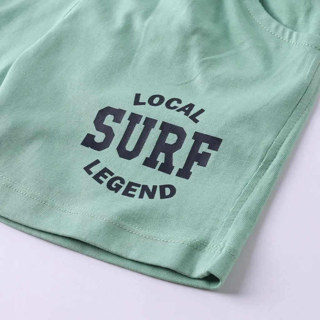 Boys Light Green Surf Printed Vest With Drawstring Shorts Sets Sets