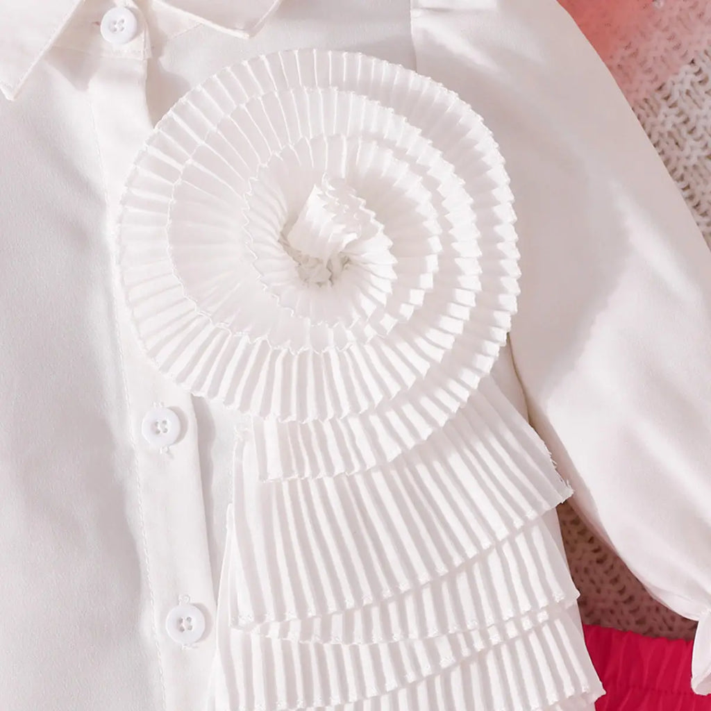 Girls Ruffle Applique Top With Pink Faux Leather Pleated Skirt Sets Sets