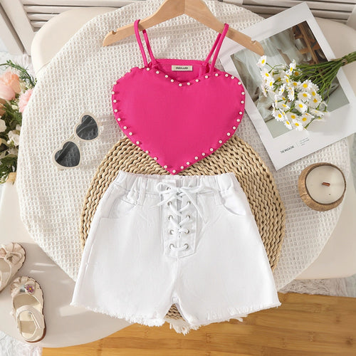 Girls Fuchsia Heart Shape Pearl Embellished Crop Top With Shorts Set Sets Fuchsia 3-4 Y