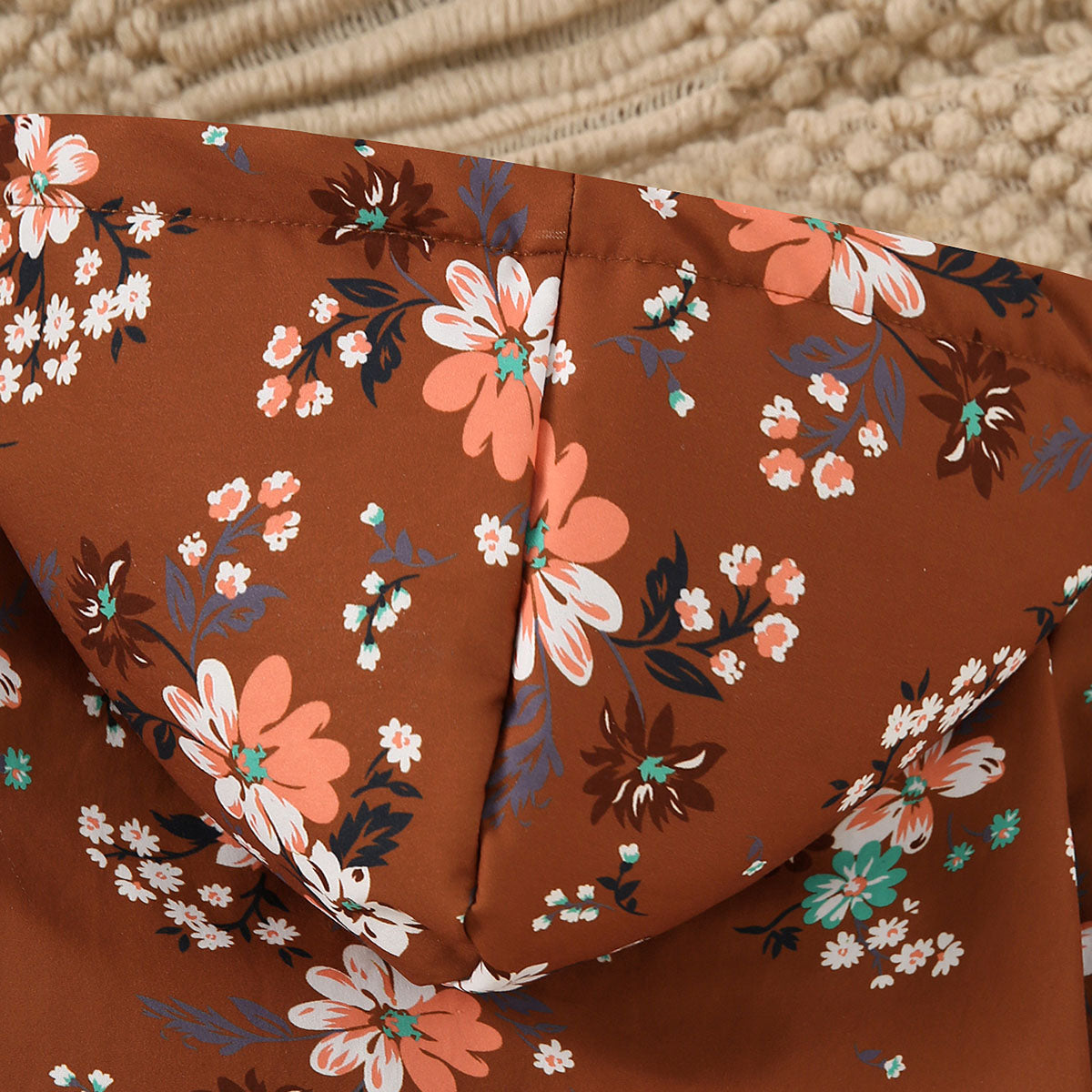 Girls Brown Floral Printed Hooded Front Open Winter Jacket Coats & Jackets