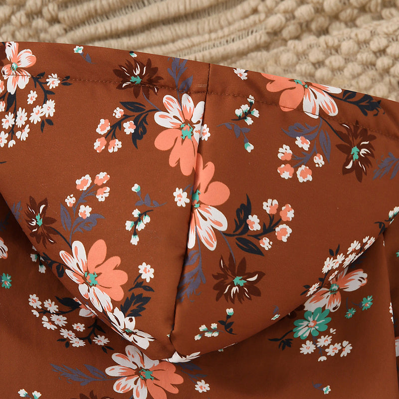 Girls Brown Floral Printed Hooded Front Open Winter Jacket Coats & Jackets