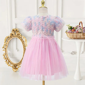 Girls Pink Floral Tulle Overlay Fit & Flare Dress With Puff Sleeves Casual Dresses