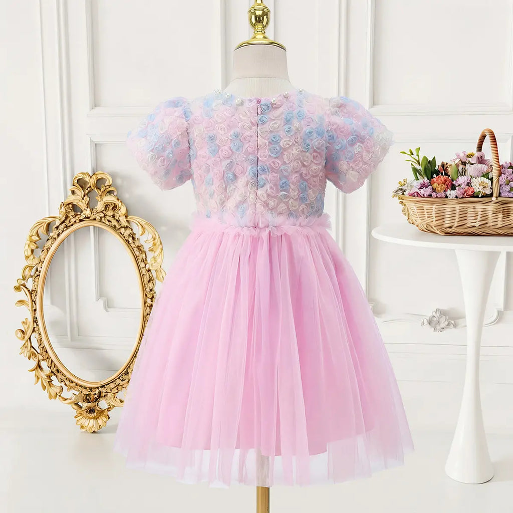 Girls Pink Floral Tulle Overlay Fit & Flare Dress With Puff Sleeves Casual Dresses