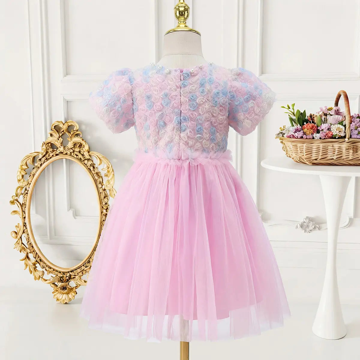 Girls Pink Floral Tulle Overlay Fit & Flare Dress With Puff Sleeves Casual Dresses