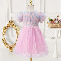 Girls Pink Floral Tulle Overlay Fit & Flare Dress With Puff Sleeves Casual Dresses