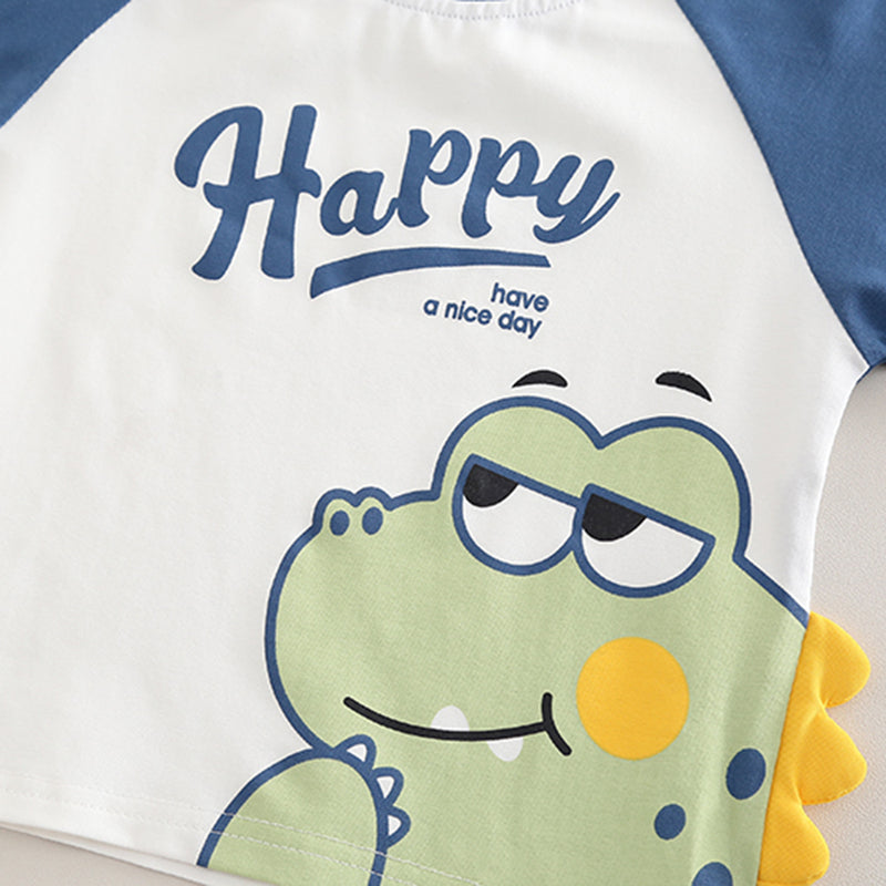 Boys Blue Happy Dinosaur Print Raglan Sleeve T-Shirt With Shorts Set 2 pc. Sets