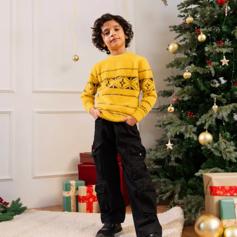 Boys Yellow Self-Design Regular Sweater Sweaters & Cardigans