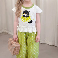Girls White Cat Print Cap Sleeve Top With Pants Sets 2 pc. Sets