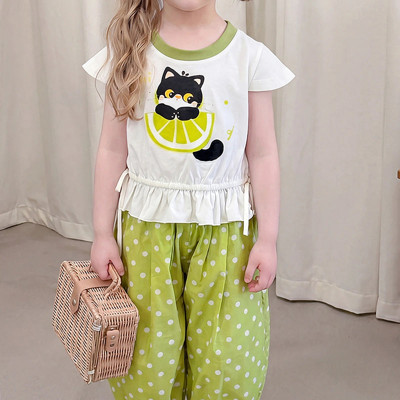 Girls White Cat Print Cap Sleeve Top With Pants Sets 2 pc. Sets