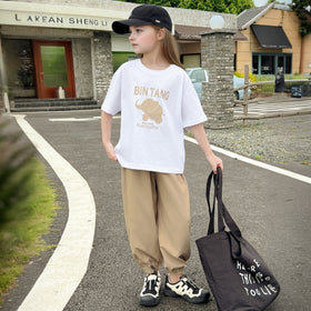 Girls Khaki Elephant Printed Summer T-Shirt With Jogger Set 2 pc. Sets