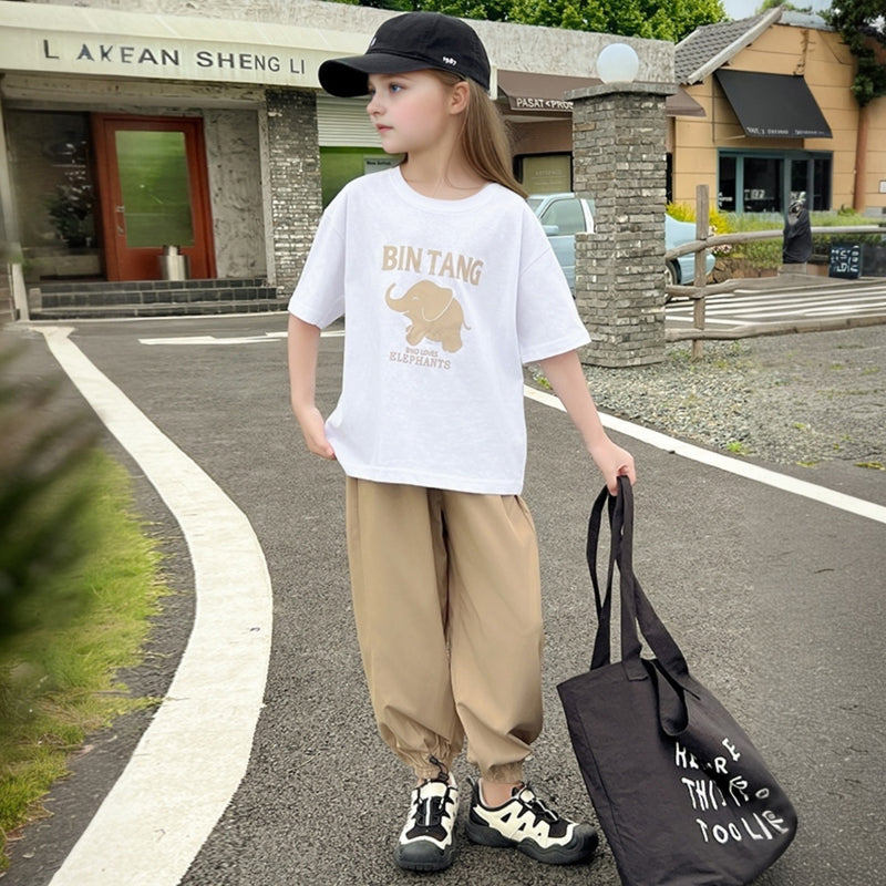 Girls Khaki Elephant Printed Summer T-Shirt With Jogger Set 2 pc. Sets