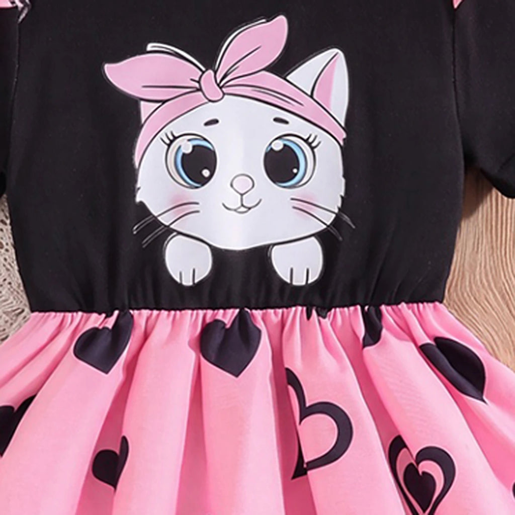 Girls Black Heart Print Short Sleeve Fit & Flare Dress Casual Dresses