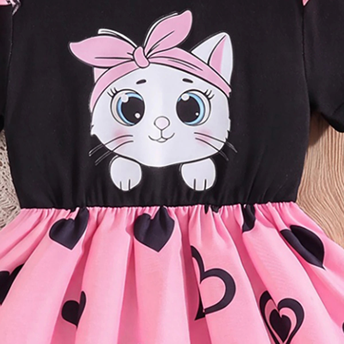 Girls Black Heart Print Short Sleeve Fit & Flare Dress Casual Dresses