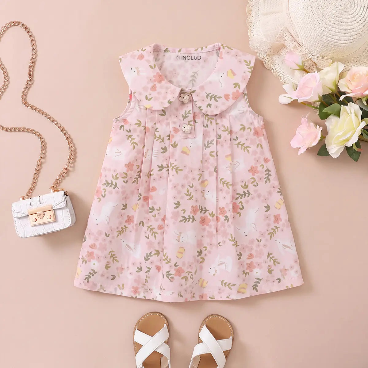Girls Light Pink Floral Printed Sleeveless A-line Dress Casual Dresses Light Pink 1-2 Y