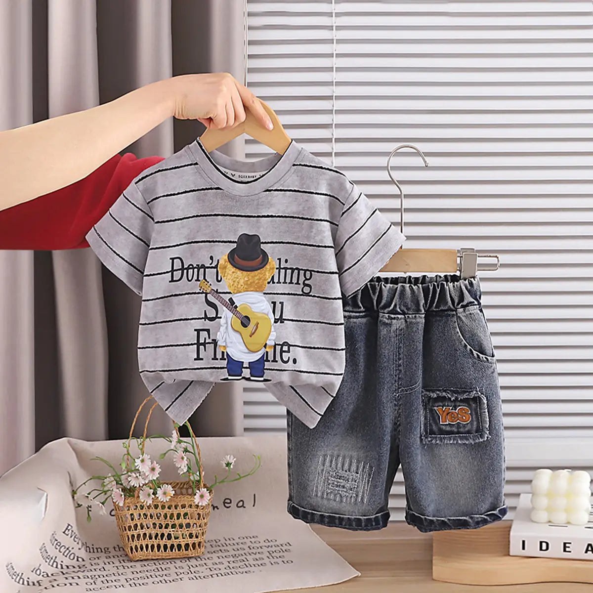 Boys Grey Striped Bear Graphic T-Shirt With Denim Shorts Sets 2 pc. Sets Grey 1-2 Y